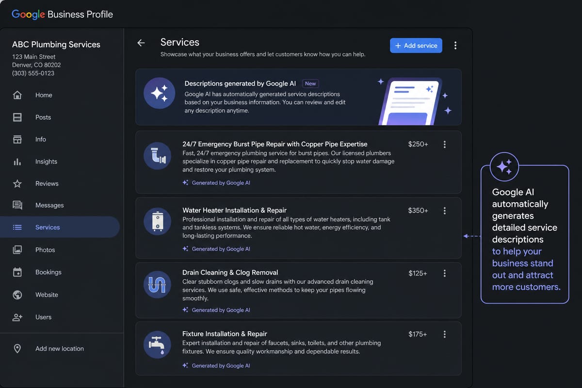Google Business Profile AI-generated services list feature