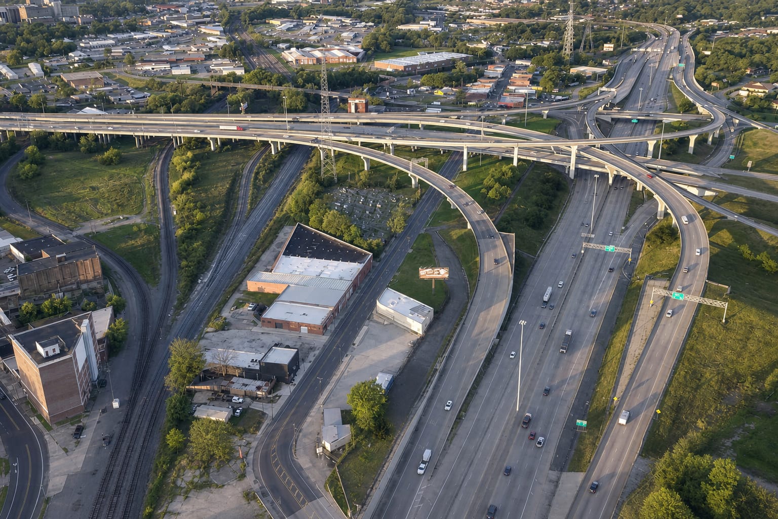 Aerial view of a highway interchange with overpasses and buildings below.