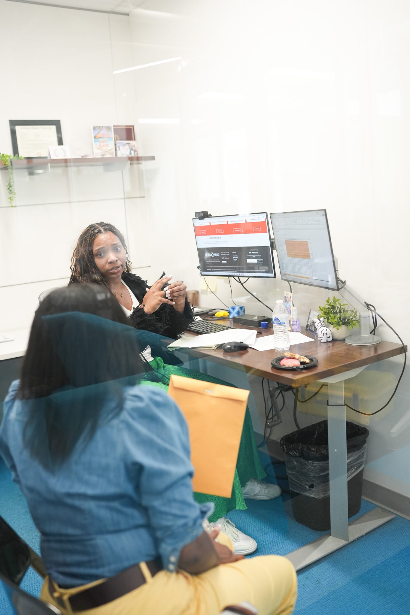 Two people having a discussion in a modern office with computers and documents.