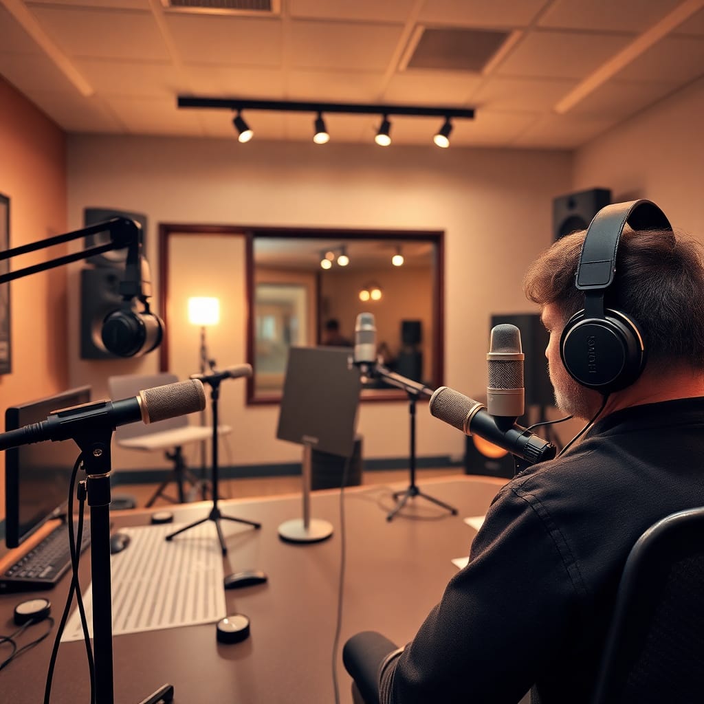 Professional podcast studio with microphones and headphones