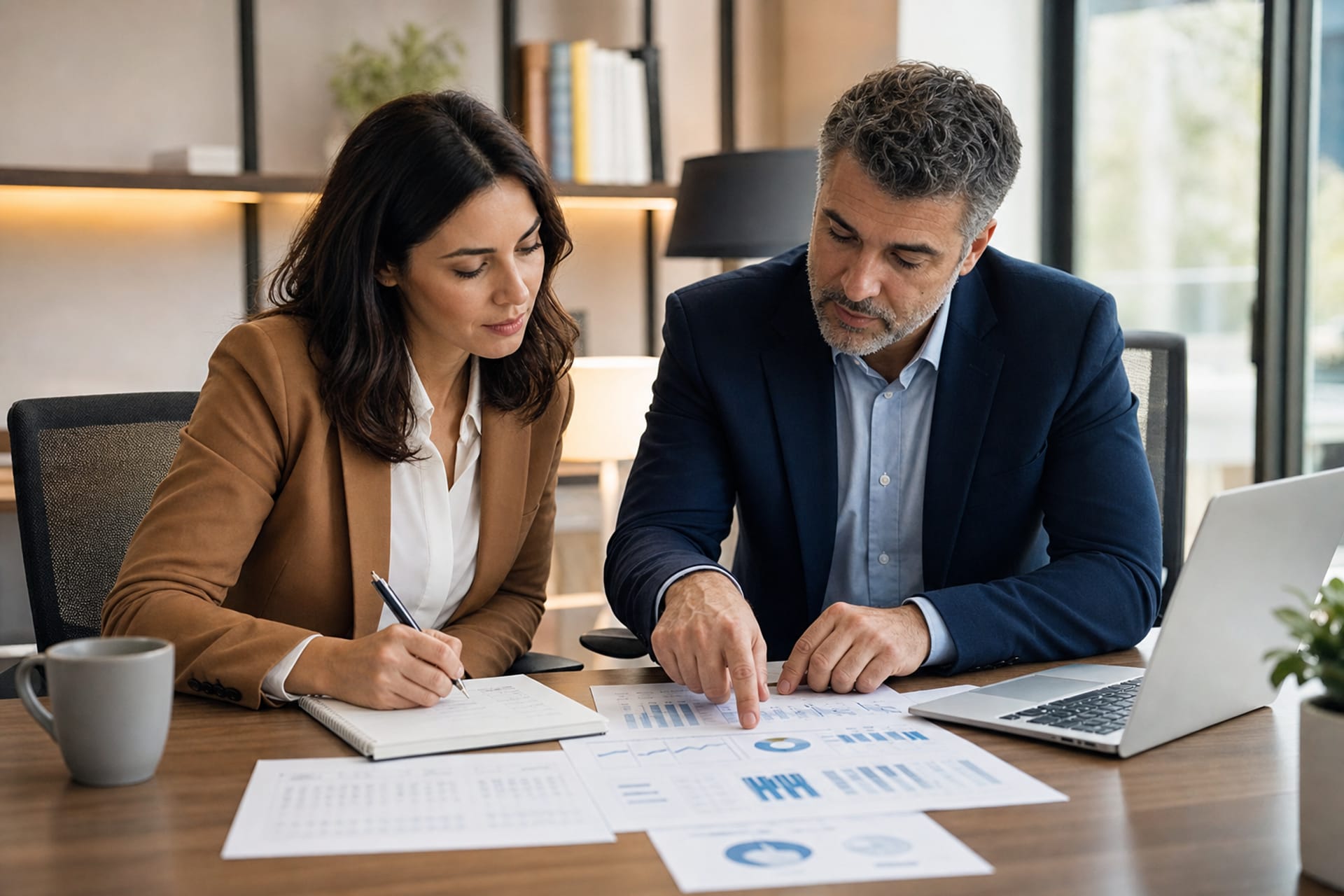 Two business professionals reviewing financial charts and spreadsheets at a desk.
